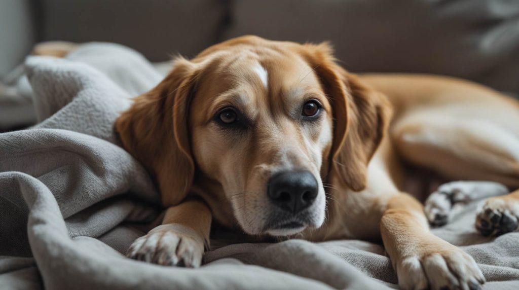 A dog sitting close to its owner who appears unwell, watching attentively and offering comfort, a moment that often makes people ask do dogs know when you are sick.