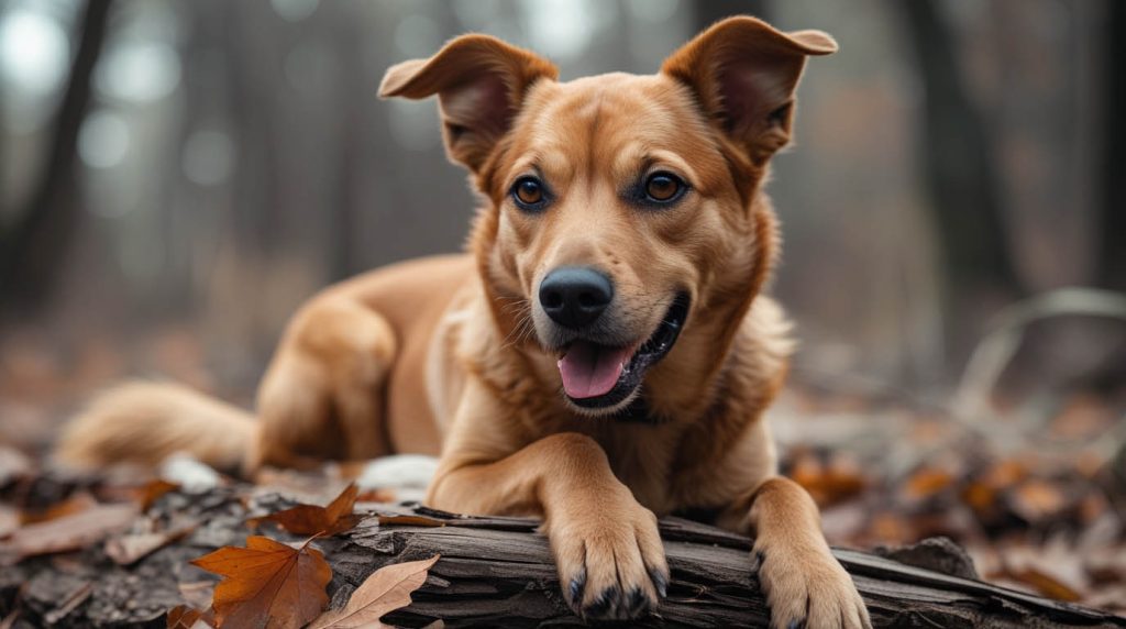 A dog standing alert in front of its owner with a protective posture, watching its surroundings closely, a behavior that often makes people wonder why does my dog protect me.