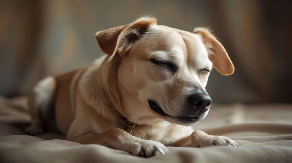 A dog lying down and letting out a deep sigh while resting at home, looking relaxed and calm, which often makes owners wonder why does my dog sigh a lot.
