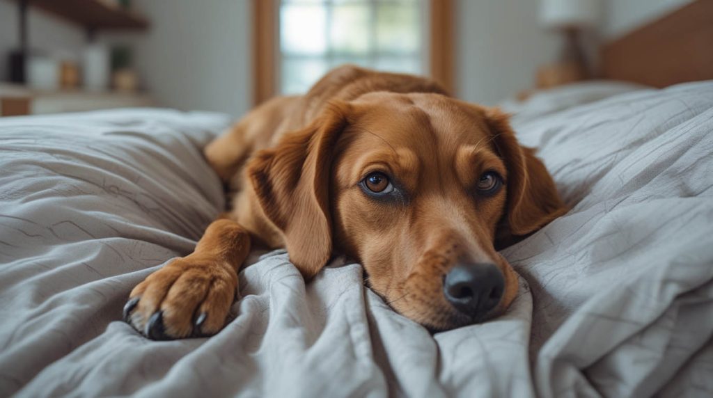 A dog using its front paws to dig into bedding on a bed, bunching up blankets in a natural nesting behavior that often prompts owners to ask why does my dog dig on the bed.