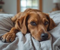 A dog using its front paws to dig into bedding on a bed, bunching up blankets in a natural nesting behavior that often prompts owners to ask why does my dog dig on the bed.