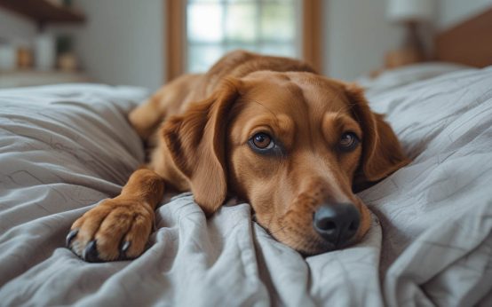 A dog using its front paws to dig into bedding on a bed, bunching up blankets in a natural nesting behavior that often prompts owners to ask why does my dog dig on the bed.