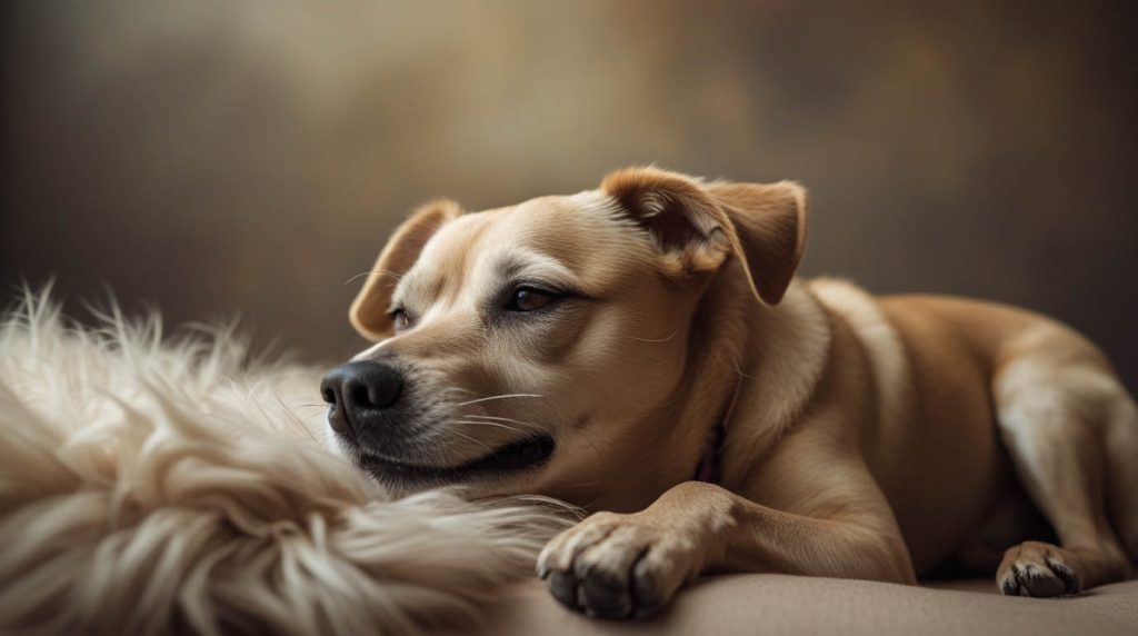 A dog stretched out on the floor or couch with a relaxed posture, appearing to sigh while resting, a moment that often leads owners to ask why does my dog sigh a lot.