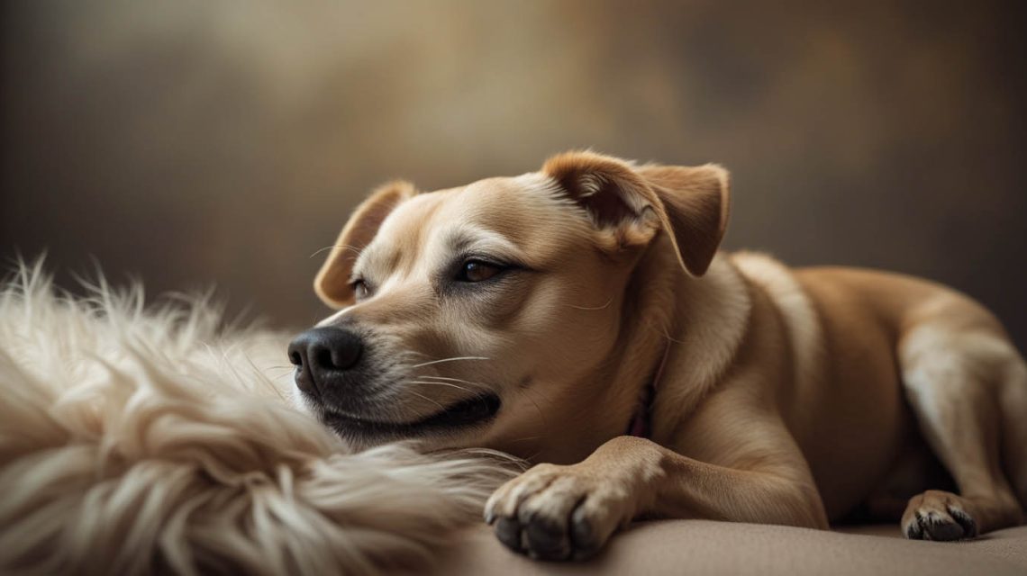 A dog stretched out on the floor or couch with a relaxed posture, appearing to sigh while resting, a moment that often leads owners to ask why does my dog sigh a lot.