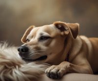 A dog stretched out on the floor or couch with a relaxed posture, appearing to sigh while resting, a moment that often leads owners to ask why does my dog sigh a lot.