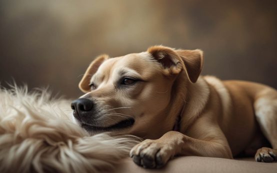 A dog stretched out on the floor or couch with a relaxed posture, appearing to sigh while resting, a moment that often leads owners to ask why does my dog sigh a lot.