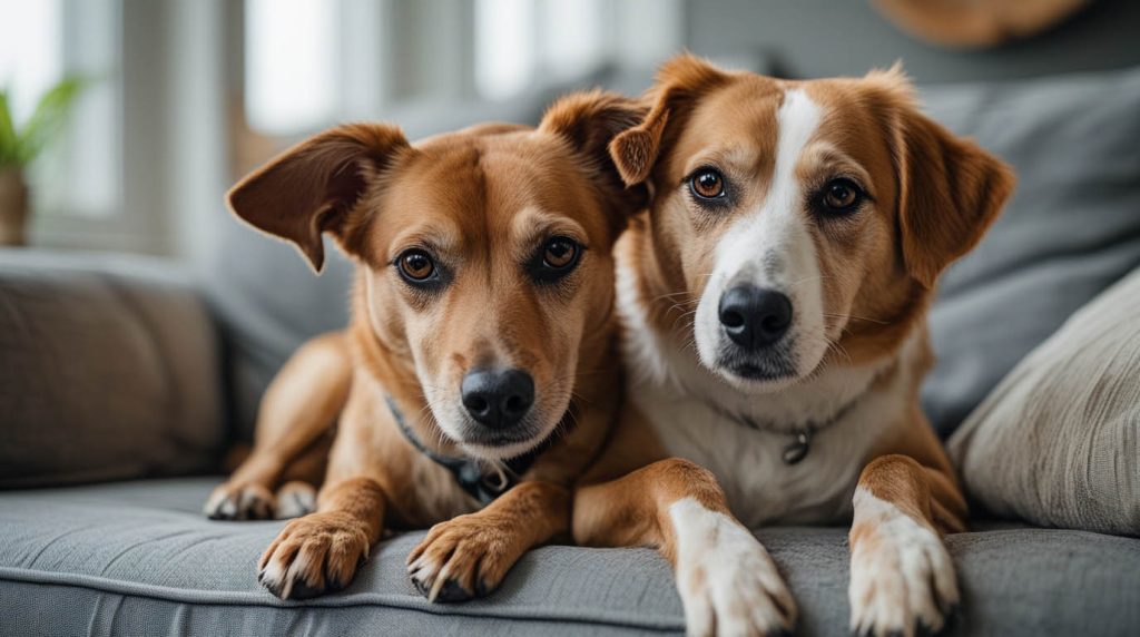 A dog sitting close and leaning its side against a person’s leg, looking relaxed and comfortable, which often leads people to ask why does a dog lean against you.