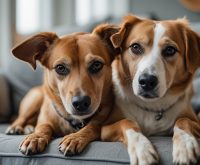 A dog sitting close and leaning its side against a person’s leg, looking relaxed and comfortable, which often leads people to ask why does a dog lean against you.