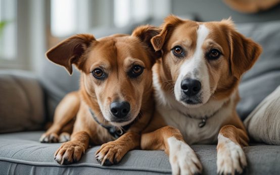 A dog sitting close and leaning its side against a person’s leg, looking relaxed and comfortable, which often leads people to ask why does a dog lean against you.