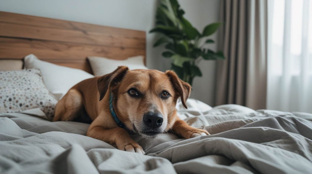 A dog pawing and digging at blankets on a bed, creating a small nest-like spot, a behavior that often leads pet owners to wonder why do dogs dig on the bed.