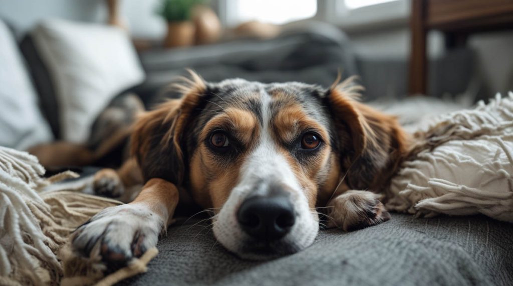A dog lying down and looking tired while its owner gently checks on it at home, a situation that helps pet owners learn how to know if your dog is sick.