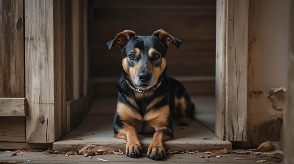 A dog standing close beside its owner with an alert stance, watching people nearby and staying between them, a behavior that often makes owners wonder why is my dog so protective of me.