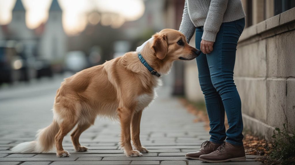 A dog standing close and leaning its body against its owner, appearing calm and affectionate, a behavior that often makes people wonder why is my dog leaning on me.
