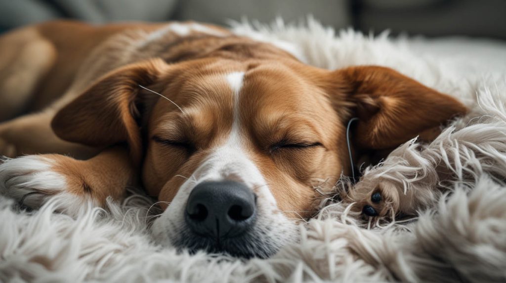 A dog sleeping on a couch with its mouth slightly open and small movements, as if barking softly during a dream, which often makes owners wonder why do dogs bark in their sleep.