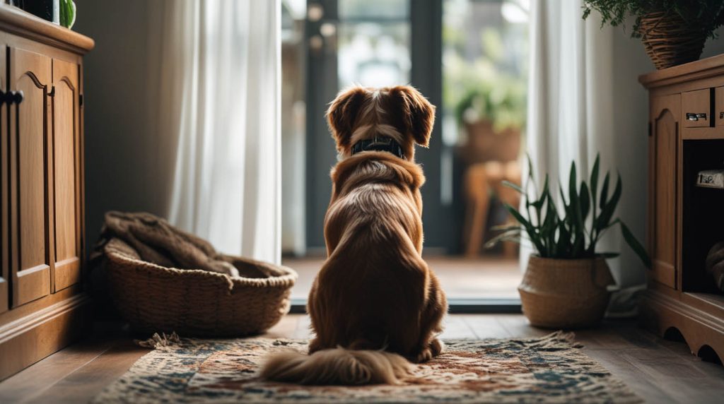 A dog sitting close to its owner but facing away, showing a relaxed posture while staying nearby, a behavior that often makes people wonder why does my dog sit facing away from me.