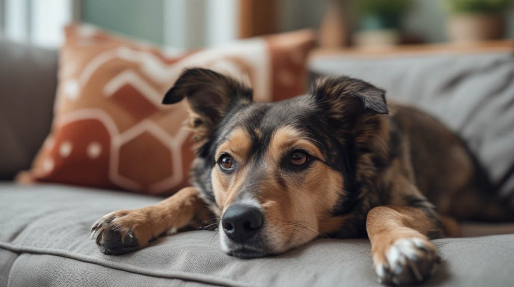 A close-up view of a dog sleeping soundly on a cozy blanket, depicting the common concern of why a dog breathes fast while resting.