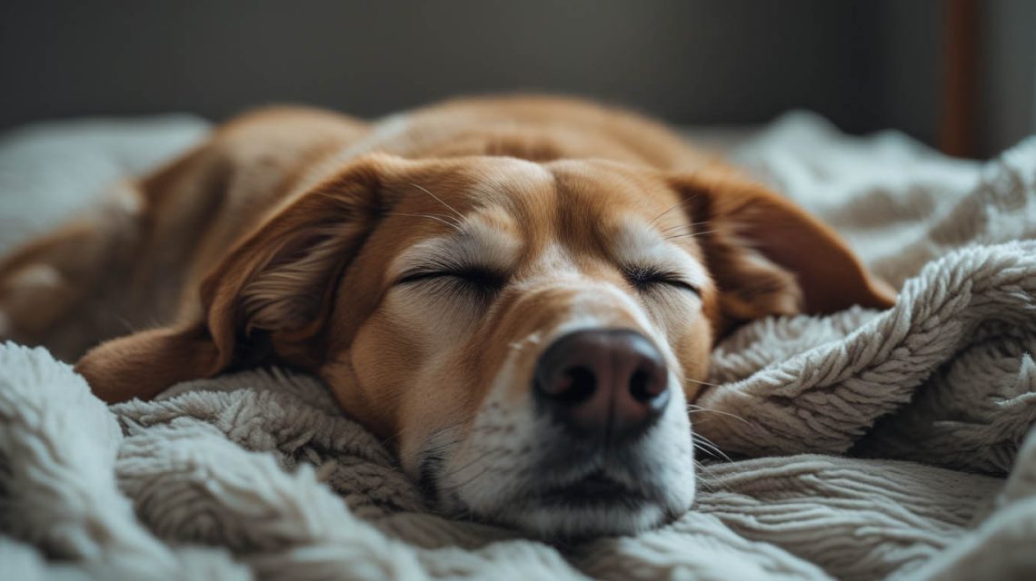 A dog lying on its side asleep with slight twitching and a soft expression, as if whimpering during a dream, a scene that often makes people ask why do dogs cry in their sleep.