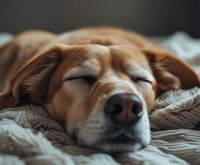A dog lying on its side asleep with slight twitching and a soft expression, as if whimpering during a dream, a scene that often makes people ask why do dogs cry in their sleep.