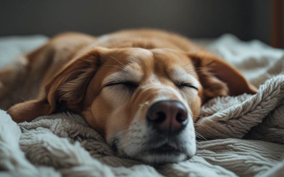A dog lying on its side asleep with slight twitching and a soft expression, as if whimpering during a dream, a scene that often makes people ask why do dogs cry in their sleep.