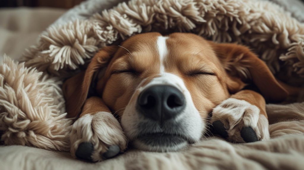 A dog lying asleep on a bed with slight jaw movement, appearing to bark quietly while dreaming, a moment that often makes people ask why do dogs bark in their sleep.