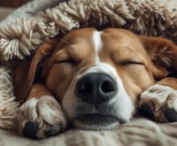 A dog lying asleep on a bed with slight jaw movement, appearing to bark quietly while dreaming, a moment that often makes people ask why do dogs bark in their sleep.