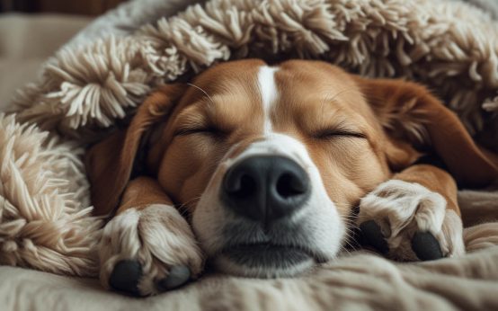 A dog lying asleep on a bed with slight jaw movement, appearing to bark quietly while dreaming, a moment that often makes people ask why do dogs bark in their sleep.