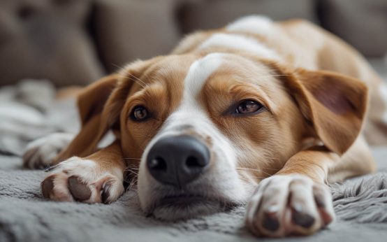 A worried woman sitting on the couch next to her small dog that is panting quickly while lying down indoors.
