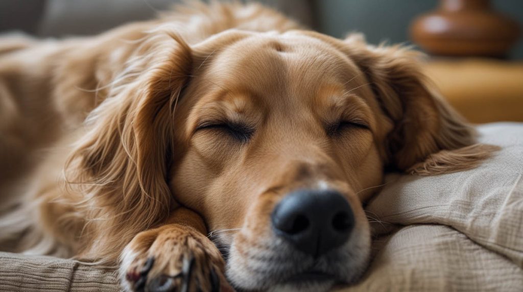 A dog gently resting its head on its owner’s lap while sitting on the couch, showing calm and affectionate behavior that often makes people wonder why does my dog rest his head on me.