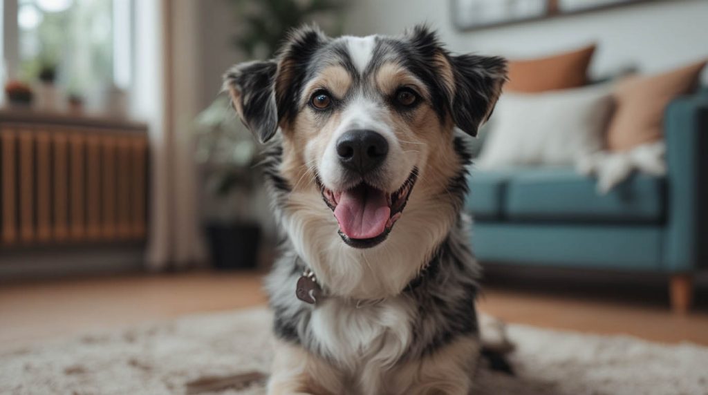 A medium-sized dog sitting on a living room floor with visible drool on its mouth while the owner kneels nearby looking concerned.