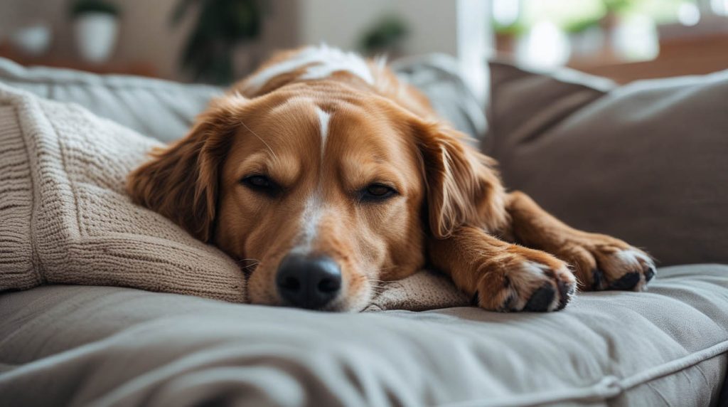 A dog resting on its side with its eyes slightly open while asleep, showing a relaxed body posture, a scene that often leads people to ask why does my dog sleep with eyes open.