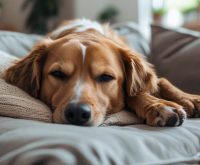 A dog resting on its side with its eyes slightly open while asleep, showing a relaxed body posture, a scene that often leads people to ask why does my dog sleep with eyes open.