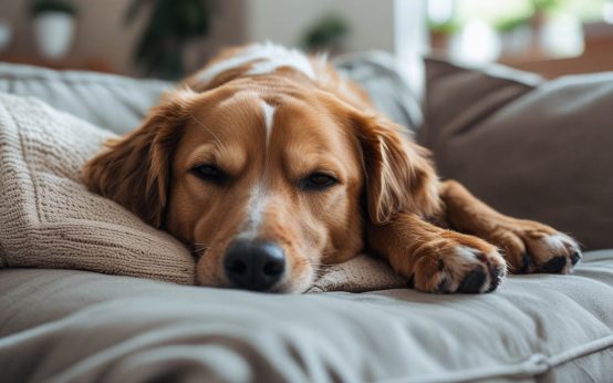 A dog resting on its side with its eyes slightly open while asleep, showing a relaxed body posture, a scene that often leads people to ask why does my dog sleep with eyes open.
