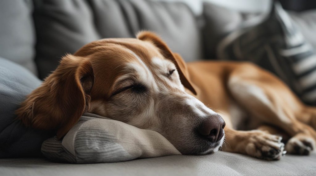 A dog sitting close and resting his head gently on his owner’s leg, looking relaxed and affectionate, a behavior that often leads owners to ask why does my dog rest his head on me.