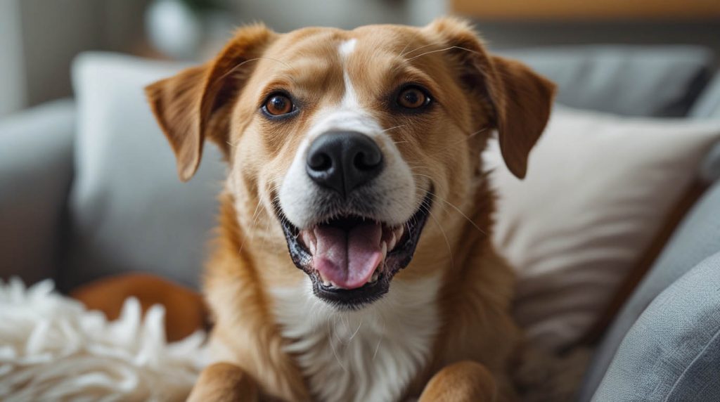 wner wiping drool from a golden retriever’s mouth while the dog lies on the couch, looking worried about the excessive slobber.