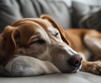 A dog sitting close and resting his head gently on his owner’s leg, looking relaxed and affectionate, a behavior that often leads owners to ask why does my dog rest his head on me.