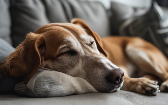 A dog sitting close and resting his head gently on his owner’s leg, looking relaxed and affectionate, a behavior that often leads owners to ask why does my dog rest his head on me.