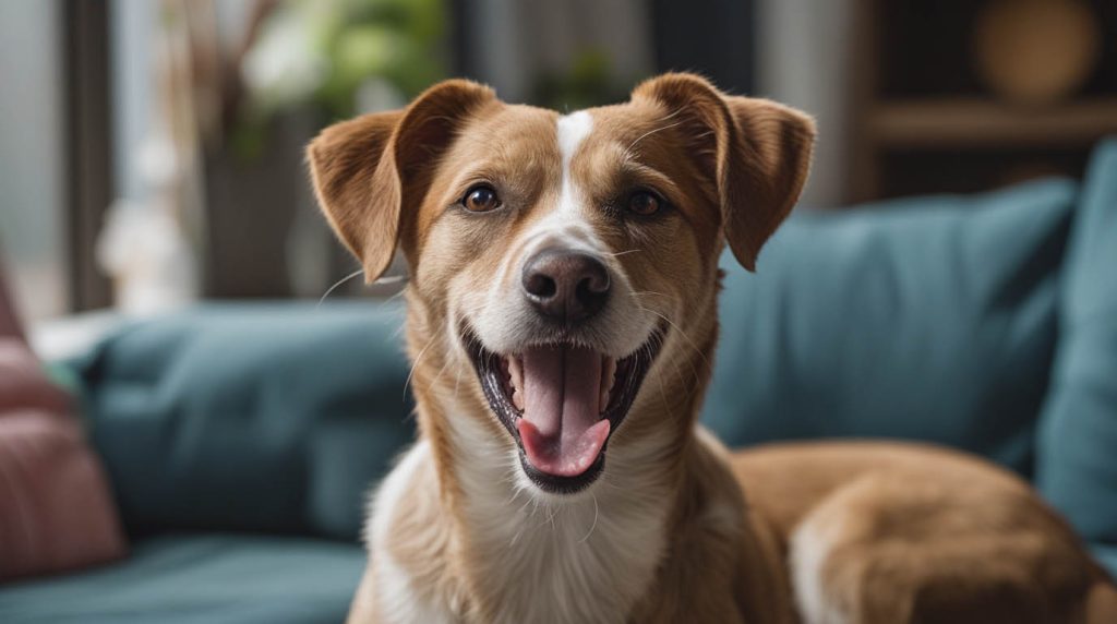 A concerned woman sitting on the floor next to her beagle, which has thick saliva around its mouth, as she wonders why her dog is salivating so much.