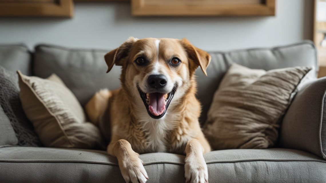 Concerned owner sitting on a couch beside her mixed-breed dog with heavy drool around its mouth, wondering why the dog is salivating so much.