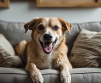 Concerned owner sitting on a couch beside her mixed-breed dog with heavy drool around its mouth, wondering why the dog is salivating so much.