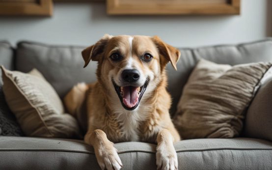 Concerned owner sitting on a couch beside her mixed-breed dog with heavy drool around its mouth, wondering why the dog is salivating so much.
