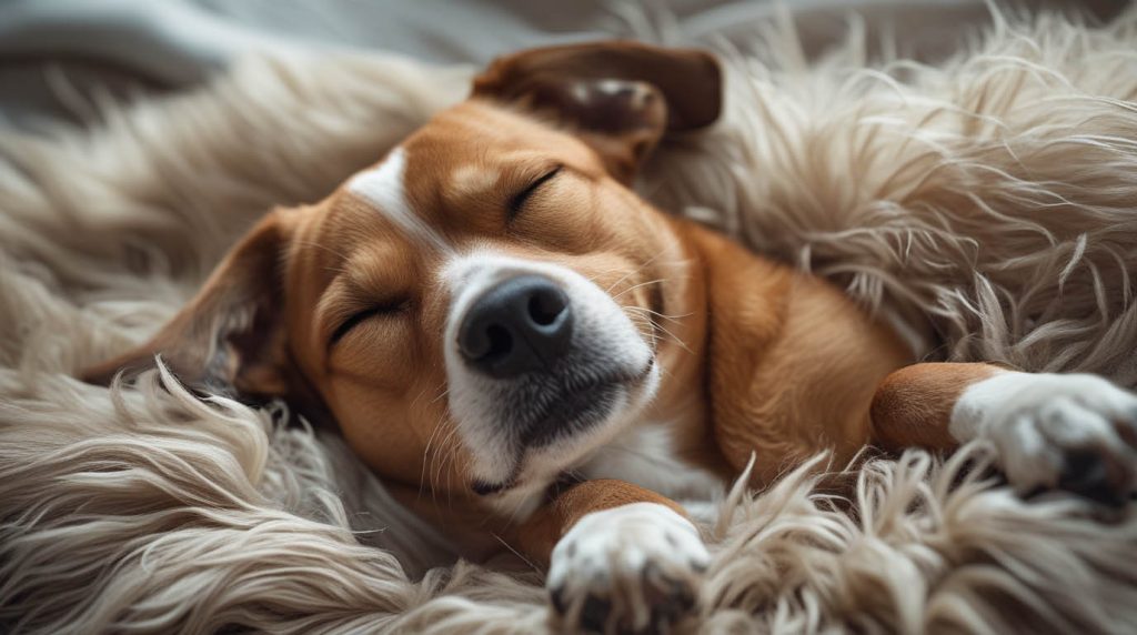 A dog resting on a bed with its body relaxed and its eyes slightly open while sleeping, a common sight that leads people to ask why do dogs sleep with their eyes open.