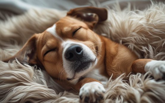 A dog resting on a bed with its body relaxed and its eyes slightly open while sleeping, a common sight that leads people to ask why do dogs sleep with their eyes open.