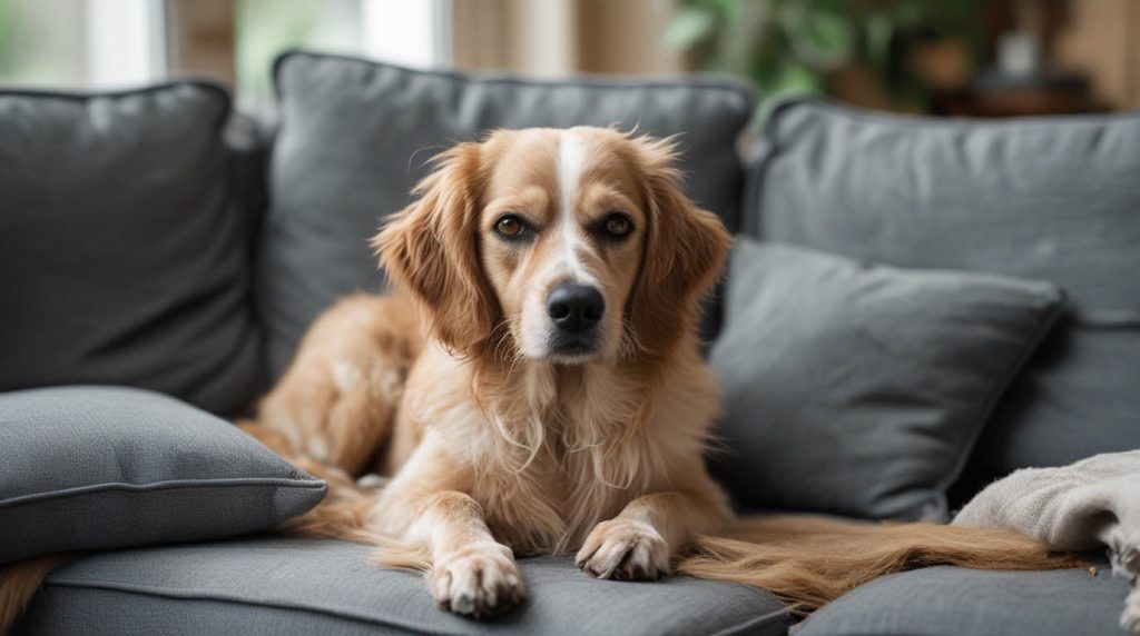Young woman on a sofa holding her nose while sitting next to her Labrador, looking concerned and wondering why her dog smells bad suddenly.