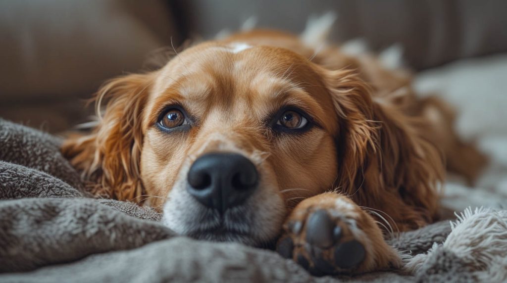 A dog awake in a dimly lit bedroom at night, sitting up on a bed while the room is dark and quiet, a situation that often makes owners wonder why does my dog wake up at night.