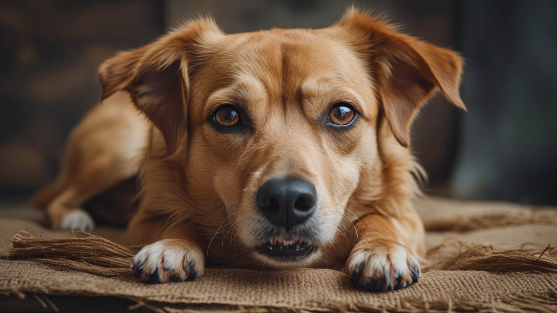 Concerned pet owner kneeling on the living room floor, gently checking her scruffy dog’s fur and ears after noticing a sudden bad odor.