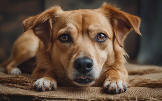 Concerned pet owner kneeling on the living room floor, gently checking her scruffy dog’s fur and ears after noticing a sudden bad odor.