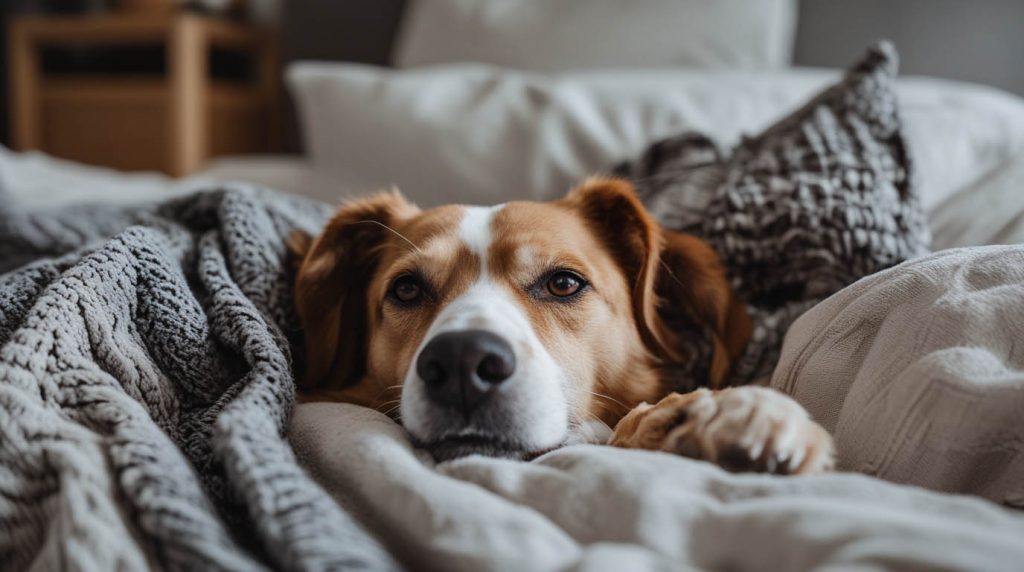 A dog sitting alert on a bed in a dark bedroom while its owner sleeps, a common scene that leads people to ask why does my dog wake up at night.