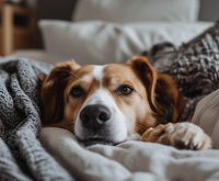 A dog sitting alert on a bed in a dark bedroom while its owner sleeps, a common scene that leads people to ask why does my dog wake up at night.