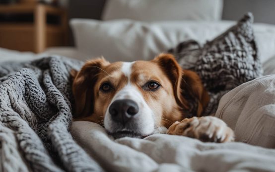 A dog sitting alert on a bed in a dark bedroom while its owner sleeps, a common scene that leads people to ask why does my dog wake up at night.