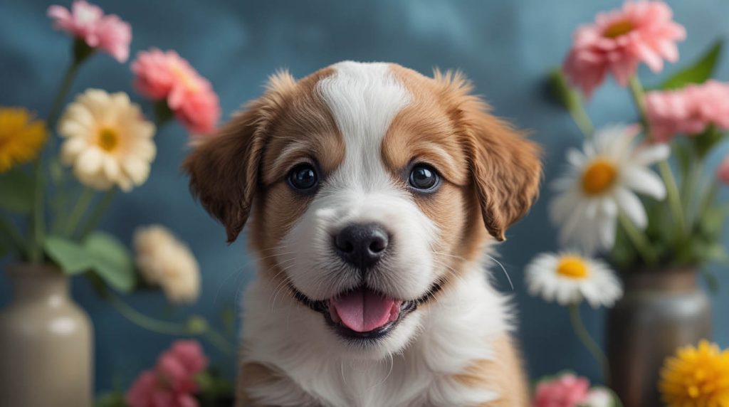 Smiling woman on a couch holding a small puppy close to her face, enjoying its sweet puppy breath while the puppy licks her chin.